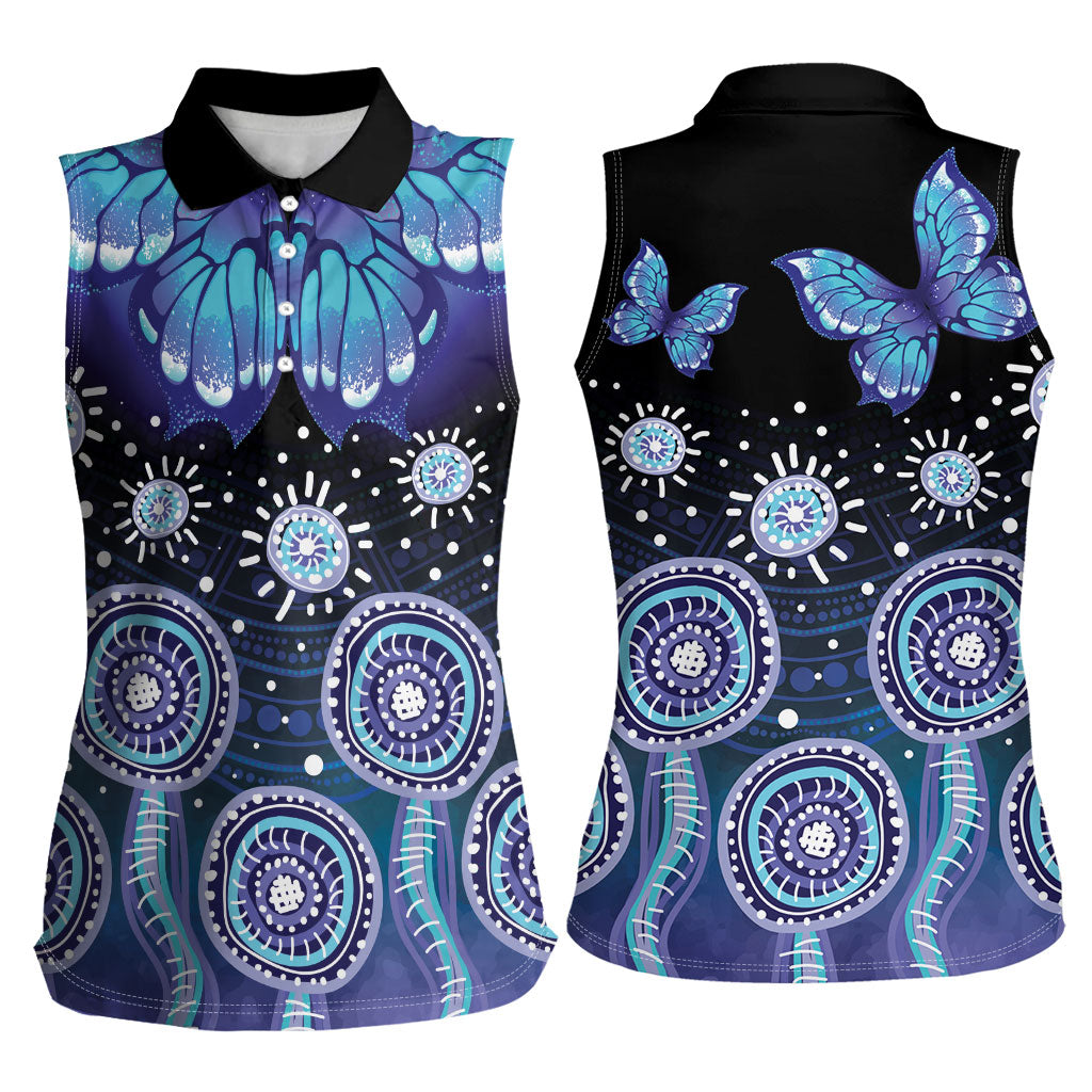 Dreamy Butterfly Collar Australia Purple Teal Hopeful Sky Women Sleeveless Polo Shirt Indigenous Aboriginal Art