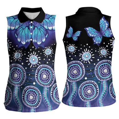 Dreamy Butterfly Collar Australia Purple Teal Hopeful Sky Women Sleeveless Polo Shirt Indigenous Aboriginal Art