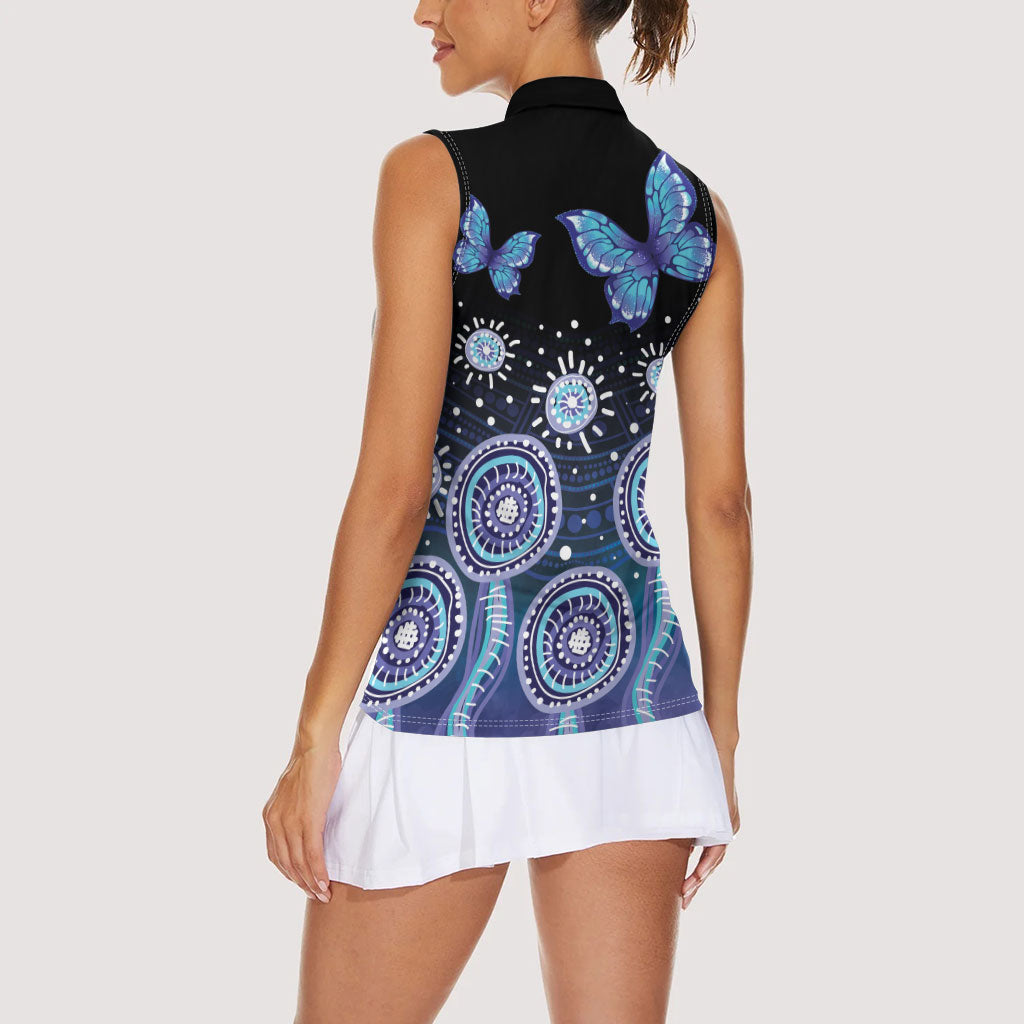Dreamy Butterfly Collar Australia Purple Teal Hopeful Sky Women Sleeveless Polo Shirt Indigenous Aboriginal Art