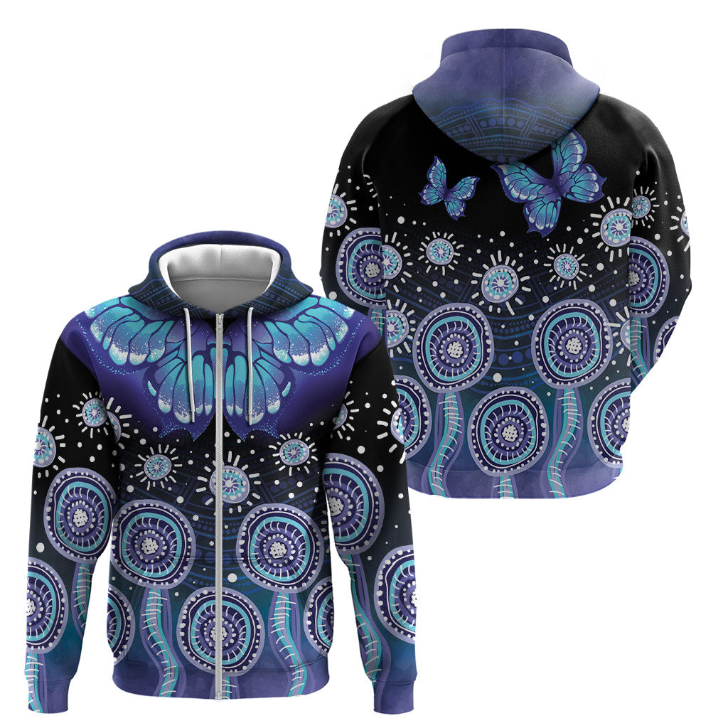 Dreamy Butterfly Collar Australia Purple Teal Hopeful Sky Zip Hoodie Indigenous Aboriginal Art