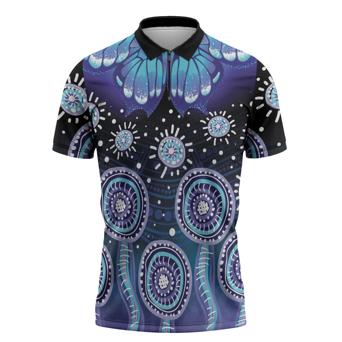 Dreamy Butterfly Collar Australia Purple Teal Hopeful Sky Zipper Polo Shirt Indigenous Aboriginal Art