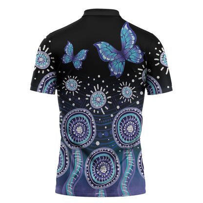 Dreamy Butterfly Collar Australia Purple Teal Hopeful Sky Zipper Polo Shirt Indigenous Aboriginal Art