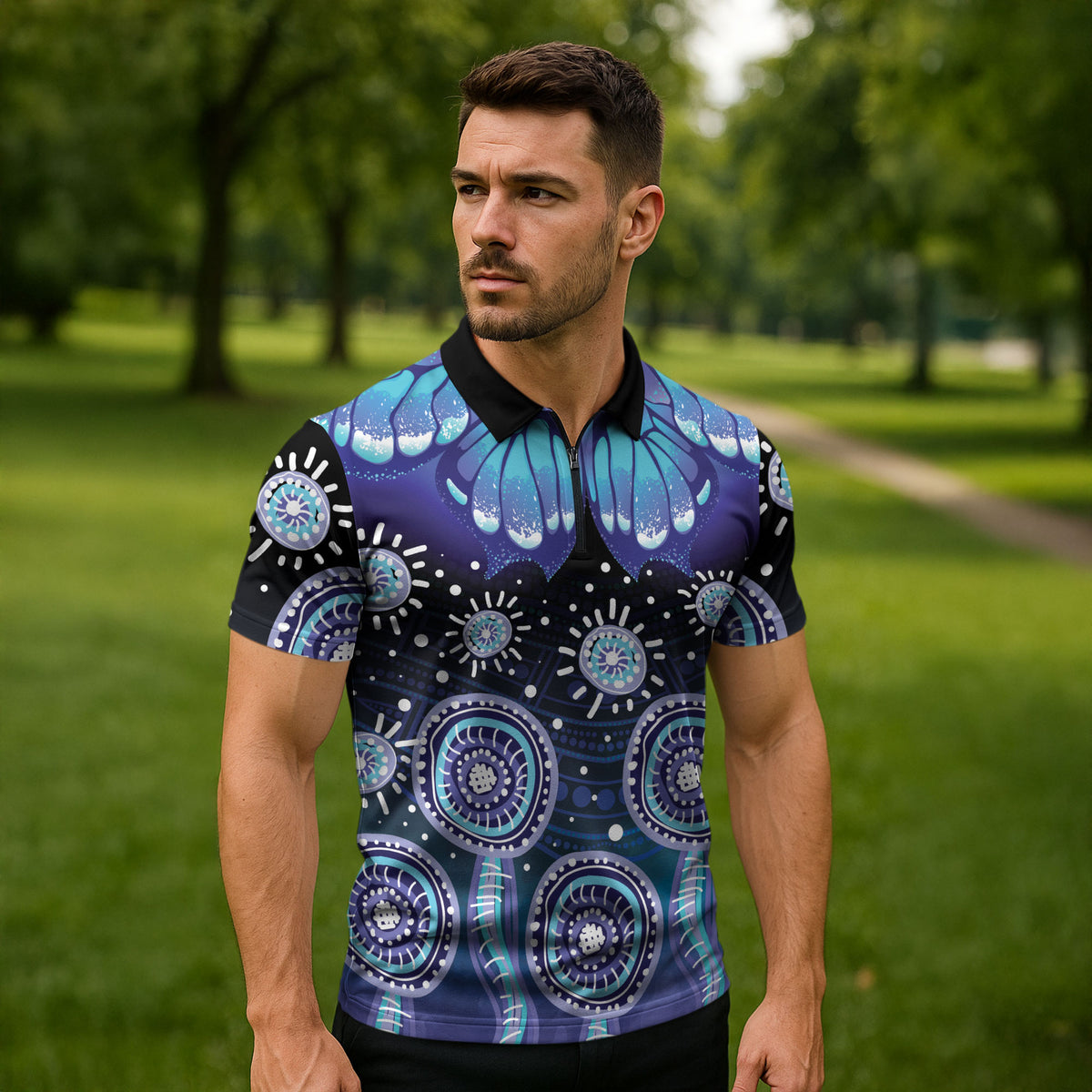 Dreamy Butterfly Collar Australia Purple Teal Hopeful Sky Zipper Polo Shirt Indigenous Aboriginal Art