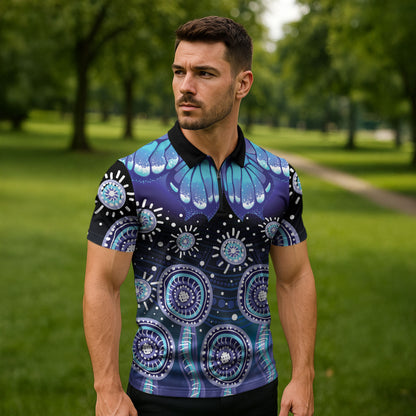 Dreamy Butterfly Collar Australia Purple Teal Hopeful Sky Zipper Polo Shirt Indigenous Aboriginal Art