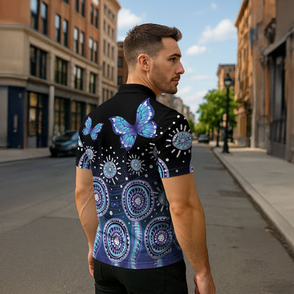 Dreamy Butterfly Collar Australia Purple Teal Hopeful Sky Zipper Polo Shirt Indigenous Aboriginal Art