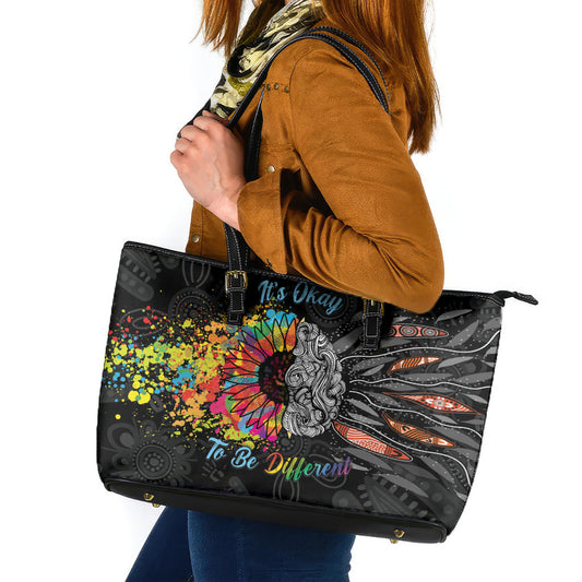 Australia Aboriginal Leather Tote Bag Autism It's Okay To Be Different