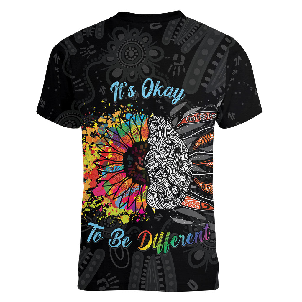 Australia Aboriginal Women V-Neck T-Shirt Autism It's Okay To Be Different