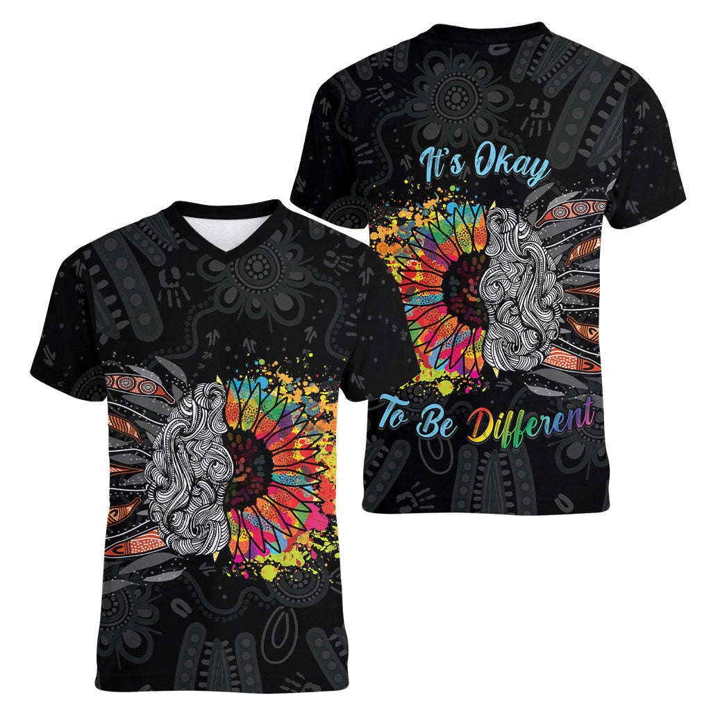 Australia Aboriginal Women V-Neck T-Shirt Autism It's Okay To Be Different