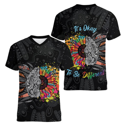 Australia Aboriginal Women V-Neck T-Shirt Autism It's Okay To Be Different