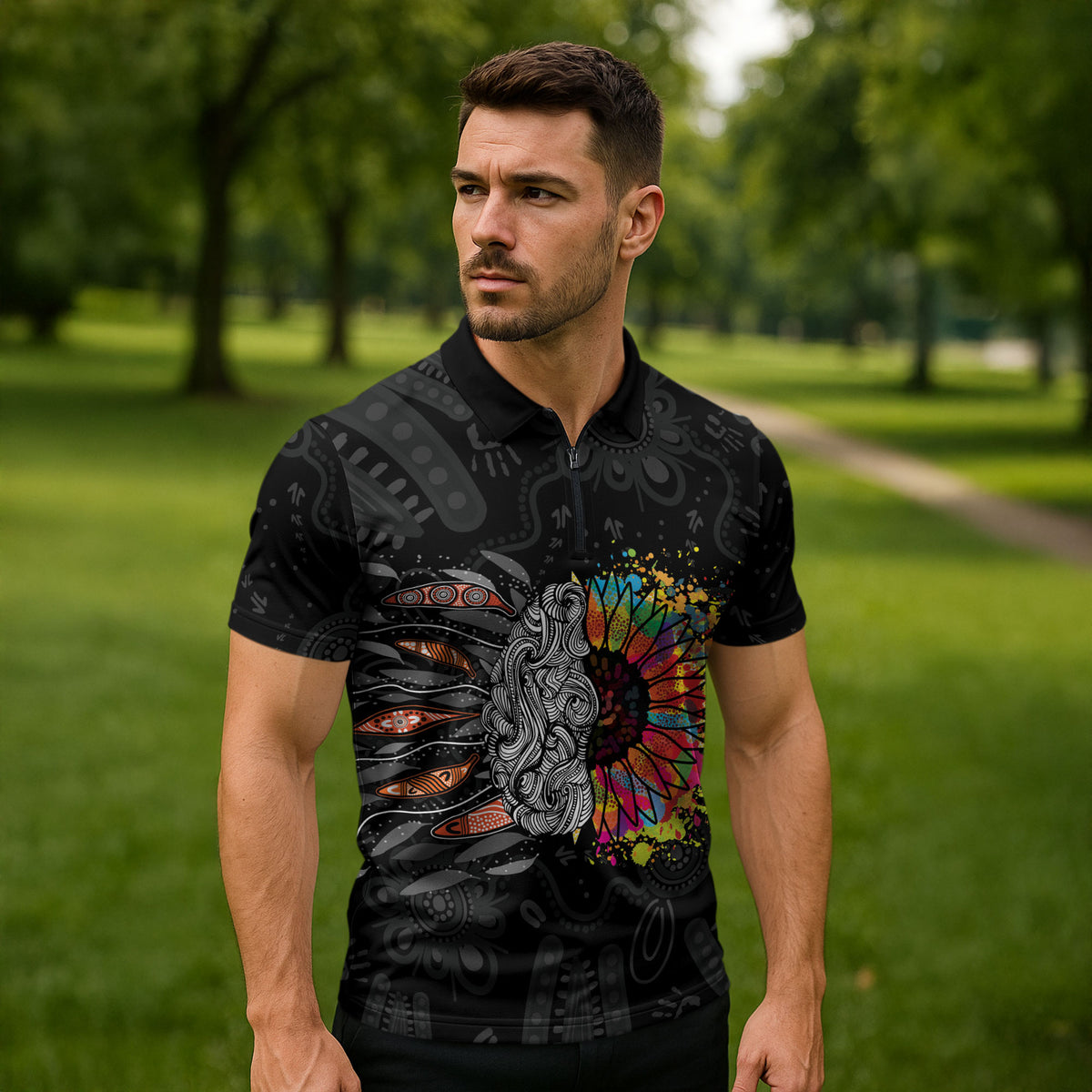 Australia Aboriginal Zipper Polo Shirt Autism It's Okay To Be Different