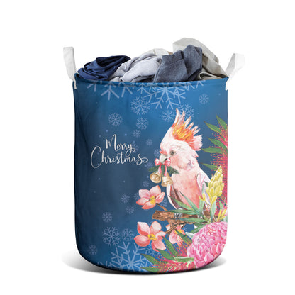 Australia Christmas Pink Cockatoo with Banksia Laundry Basket Snowy Blue