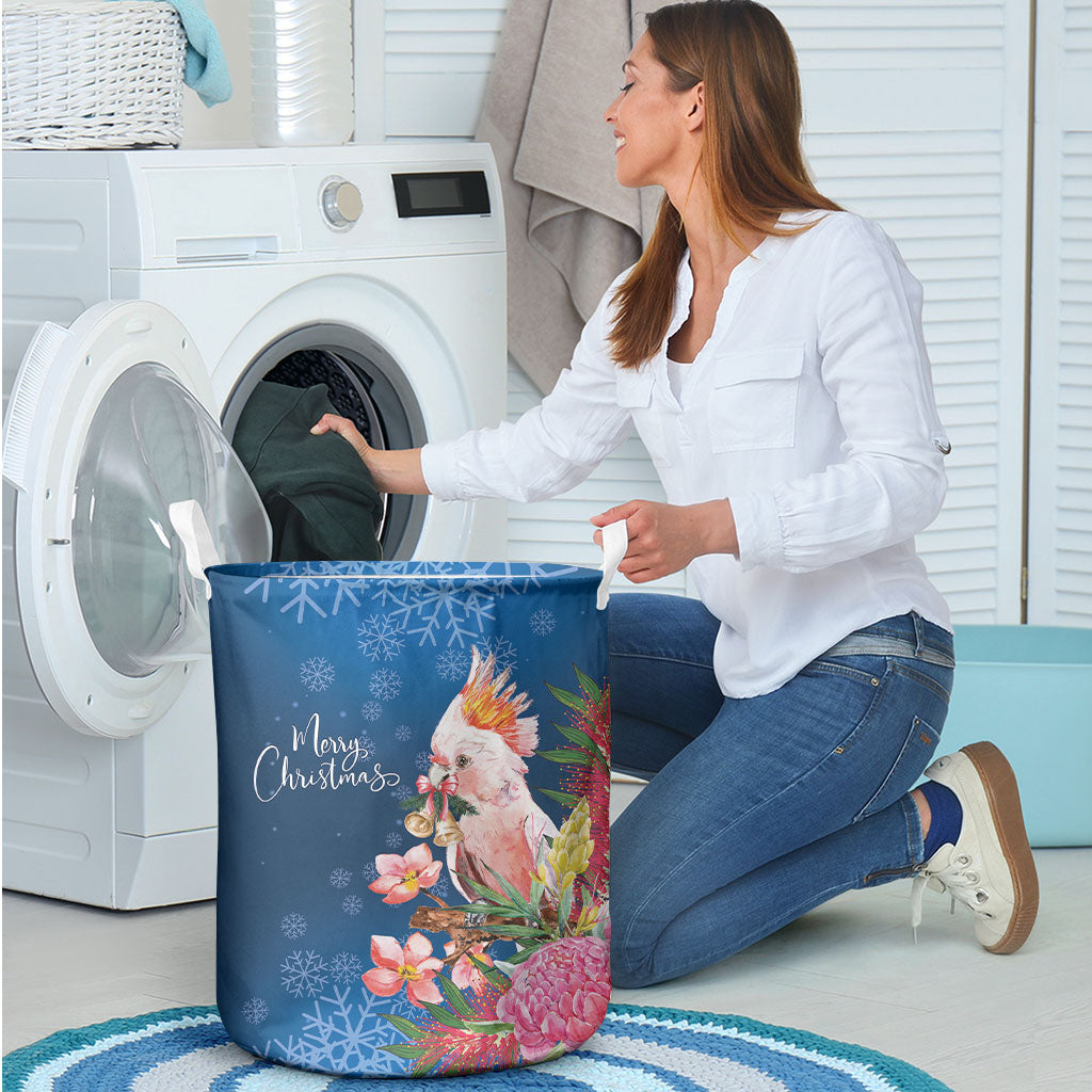Australia Christmas Pink Cockatoo with Banksia Laundry Basket Snowy Blue