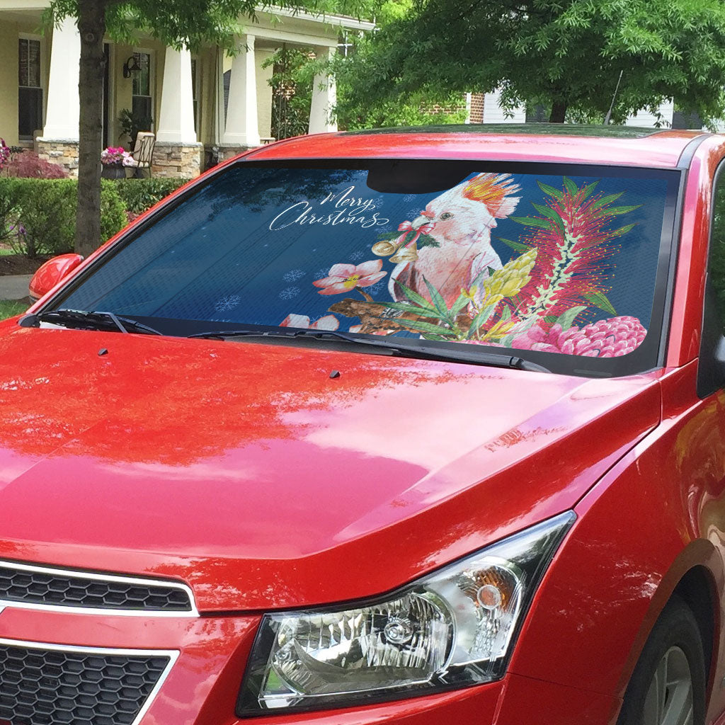 Australia Christmas Pink Cockatoo with Banksia Auto Sun Shade Snowy Blue