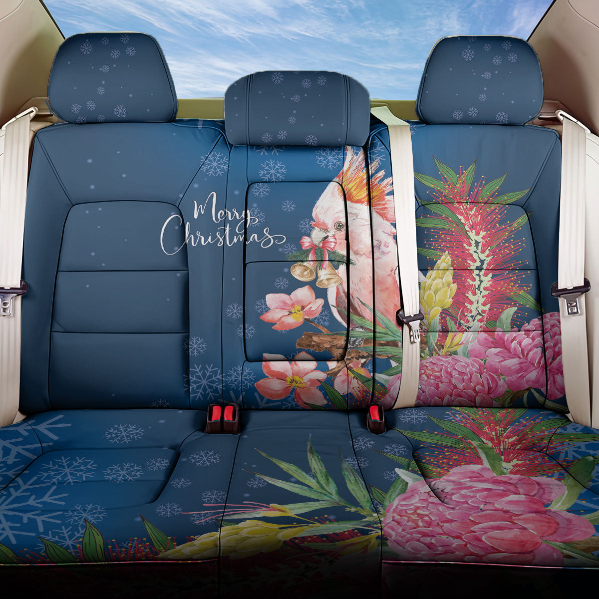 Australia Christmas Pink Cockatoo with Banksia Back Car Seat Cover Snowy Blue