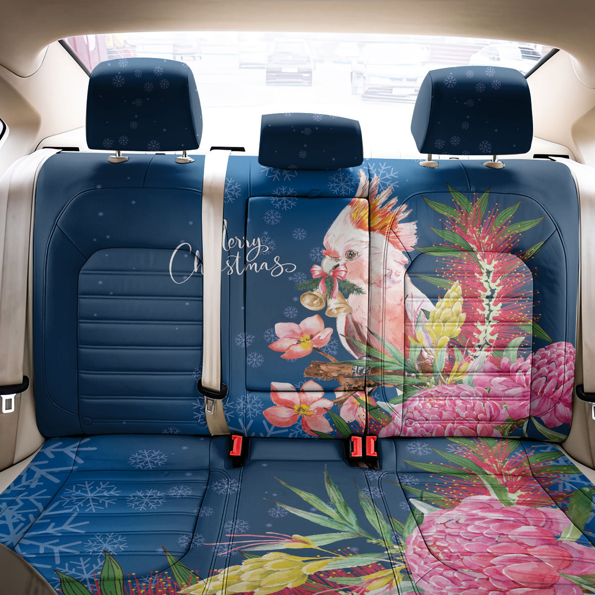 Australia Christmas Pink Cockatoo with Banksia Back Car Seat Cover Snowy Blue