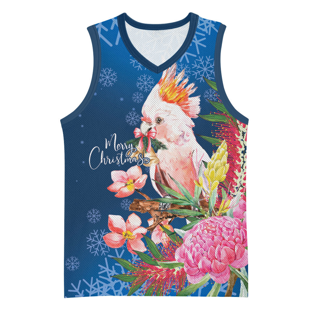 Australia Christmas Pink Cockatoo with Banksia Basketball Jersey Snowy Blue