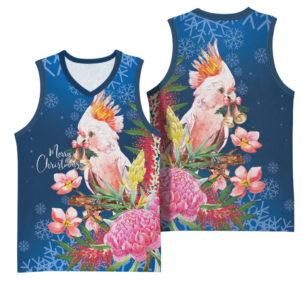 Australia Christmas Pink Cockatoo with Banksia Basketball Jersey Snowy Blue