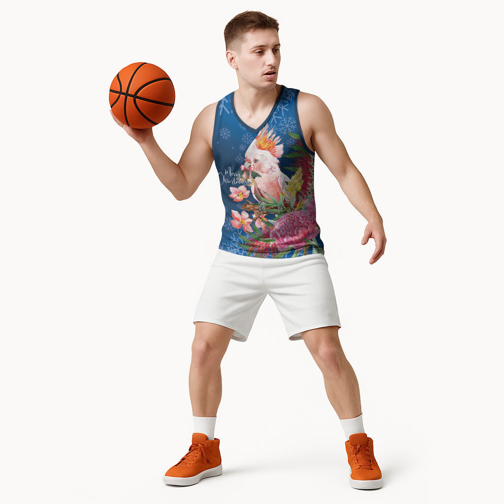 Australia Christmas Pink Cockatoo with Banksia Basketball Jersey Snowy Blue