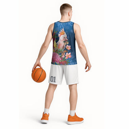 Australia Christmas Pink Cockatoo with Banksia Basketball Jersey Snowy Blue