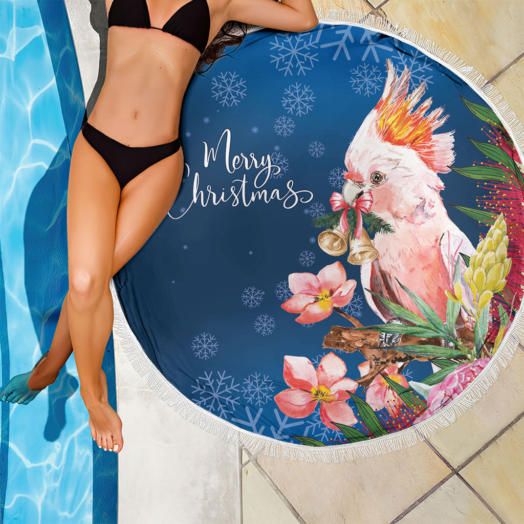 Australia Christmas Pink Cockatoo with Banksia Beach Blanket Snowy Blue