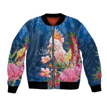 Australia Christmas Pink Cockatoo with Banksia Bomber Jacket Snowy Blue