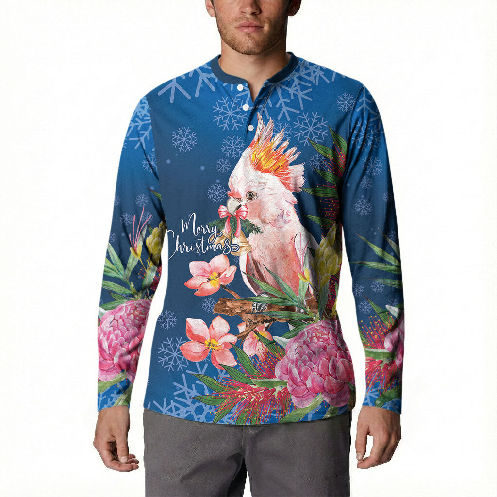 Australia Christmas Pink Cockatoo with Banksia Button Sweatshirt Snowy Blue