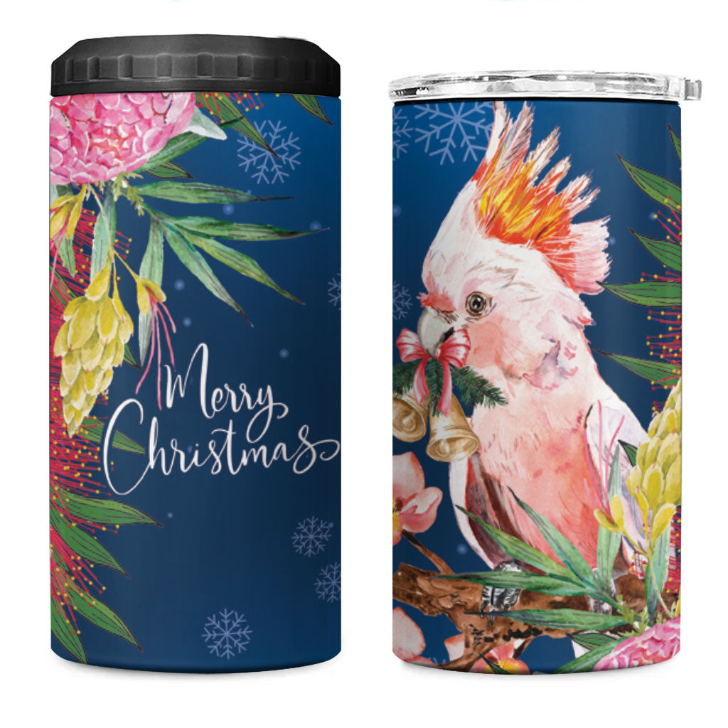 Australia Christmas Pink Cockatoo with Banksia 4 in 1 Can Cooler Tumbler Snowy Blue