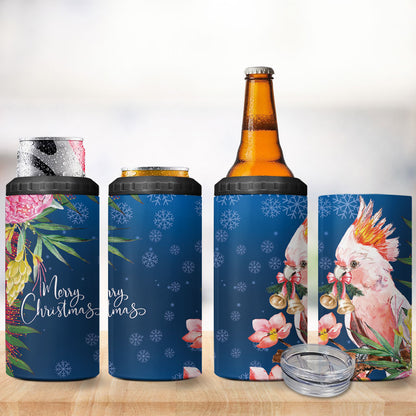 Australia Christmas Pink Cockatoo with Banksia 4 in 1 Can Cooler Tumbler Snowy Blue