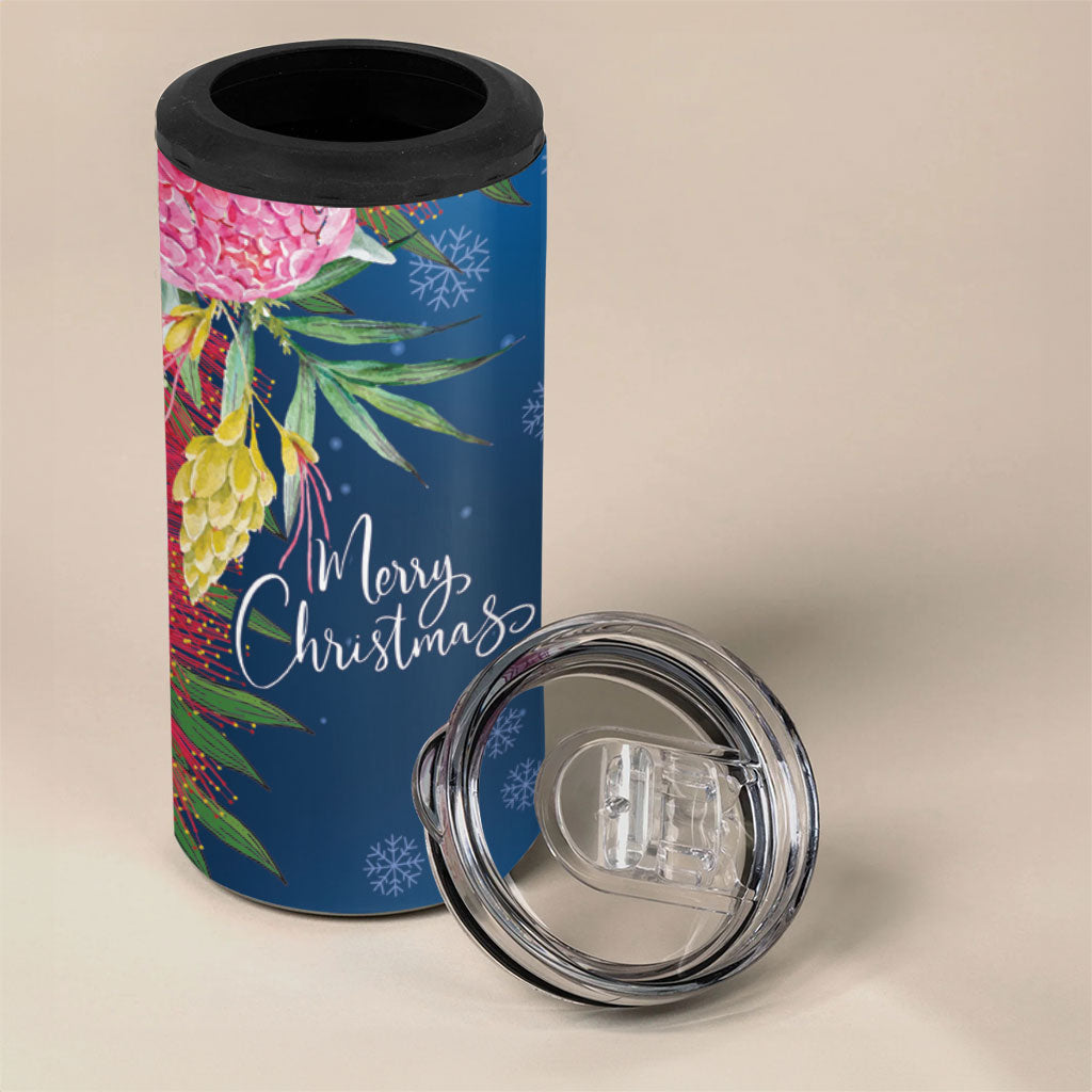 Australia Christmas Pink Cockatoo with Banksia 4 in 1 Can Cooler Tumbler Snowy Blue