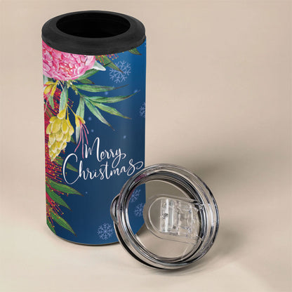 Australia Christmas Pink Cockatoo with Banksia 4 in 1 Can Cooler Tumbler Snowy Blue