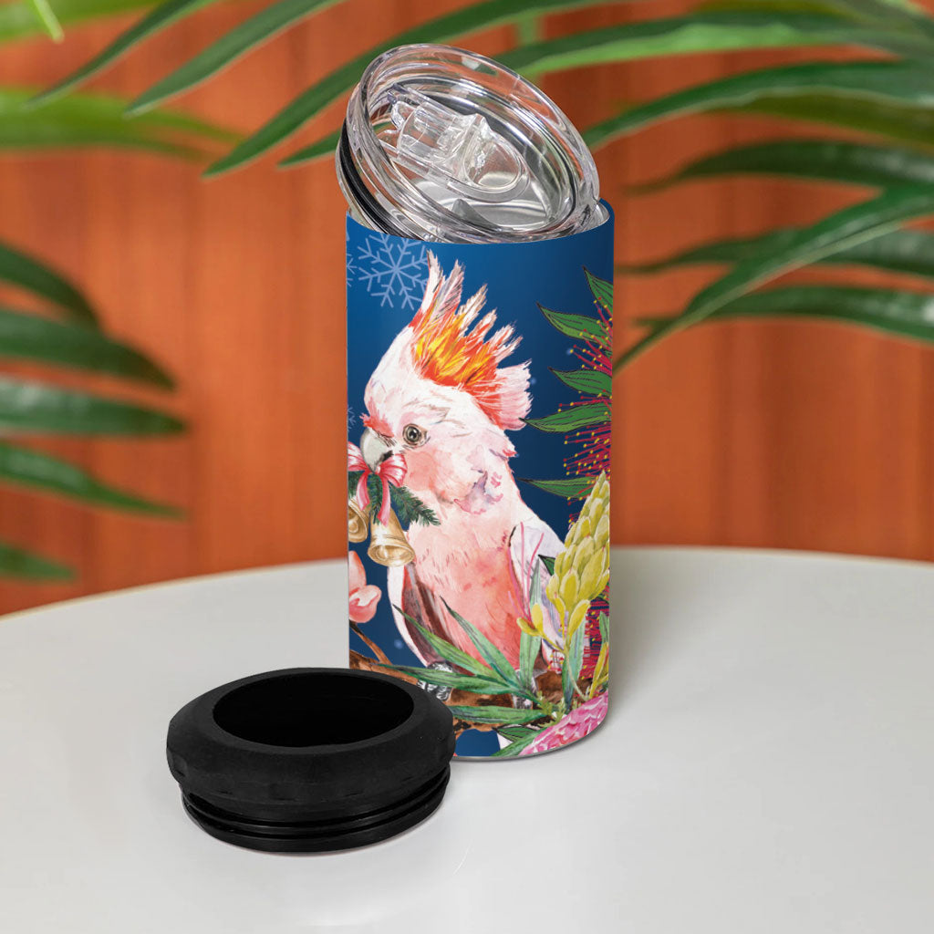 Australia Christmas Pink Cockatoo with Banksia 4 in 1 Can Cooler Tumbler Snowy Blue