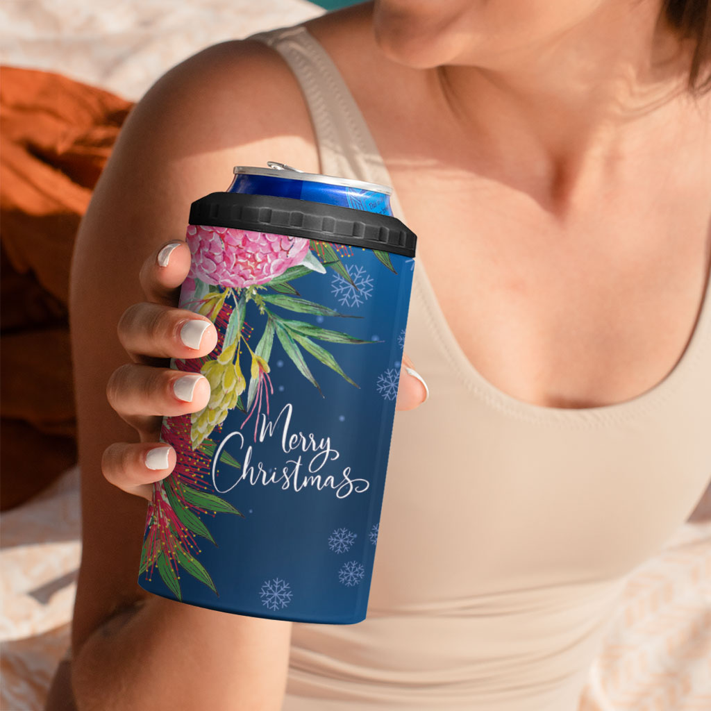 Australia Christmas Pink Cockatoo with Banksia 4 in 1 Can Cooler Tumbler Snowy Blue