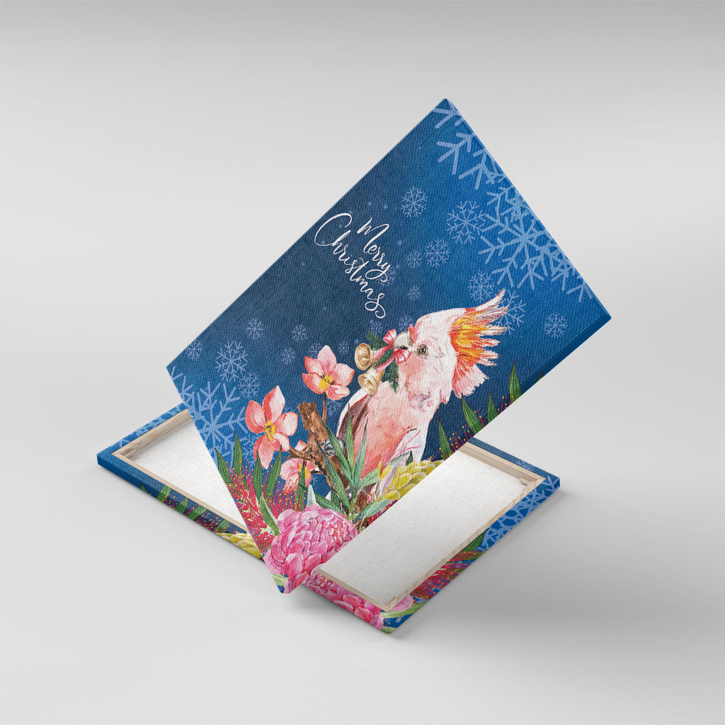 Australia Christmas Pink Cockatoo with Banksia Canvas Wall Art Snowy Blue