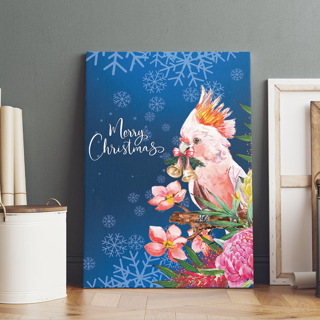Australia Christmas Pink Cockatoo with Banksia Canvas Wall Art Snowy Blue