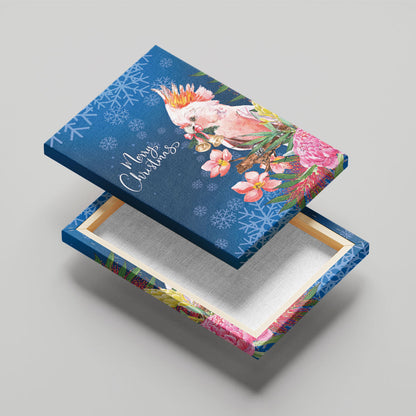 Australia Christmas Pink Cockatoo with Banksia Canvas Wall Art Snowy Blue