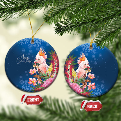 Australia Christmas Pink Cockatoo with Banksia Ceramic Ornament Snowy Blue
