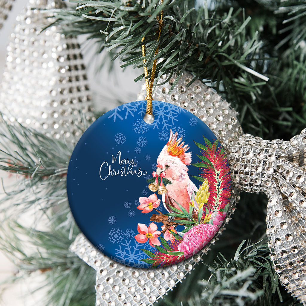 Australia Christmas Pink Cockatoo with Banksia Ceramic Ornament Snowy Blue