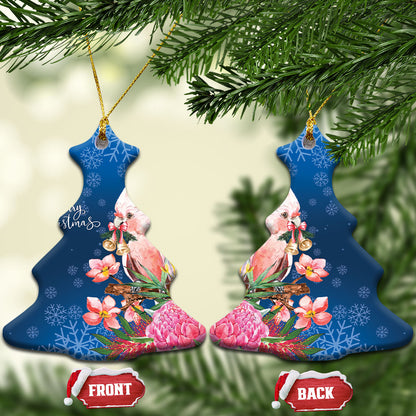 Australia Christmas Pink Cockatoo with Banksia Ceramic Ornament Snowy Blue