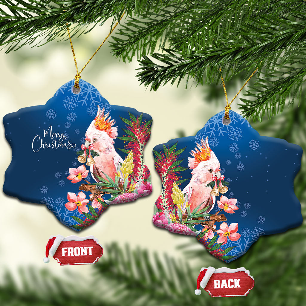 Australia Christmas Pink Cockatoo with Banksia Ceramic Ornament Snowy Blue