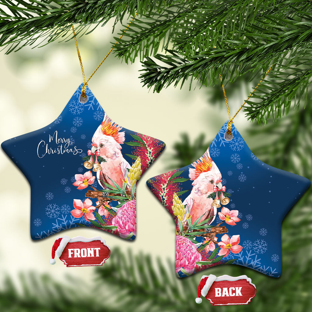 Australia Christmas Pink Cockatoo with Banksia Ceramic Ornament Snowy Blue