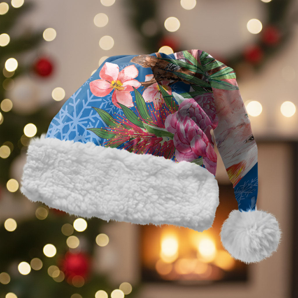 Australia Christmas Pink Cockatoo with Banksia Christmas Santa Hat Snowy Blue