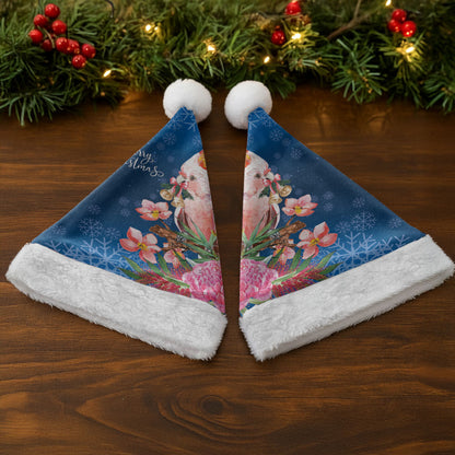 Australia Christmas Pink Cockatoo with Banksia Christmas Santa Hat Snowy Blue