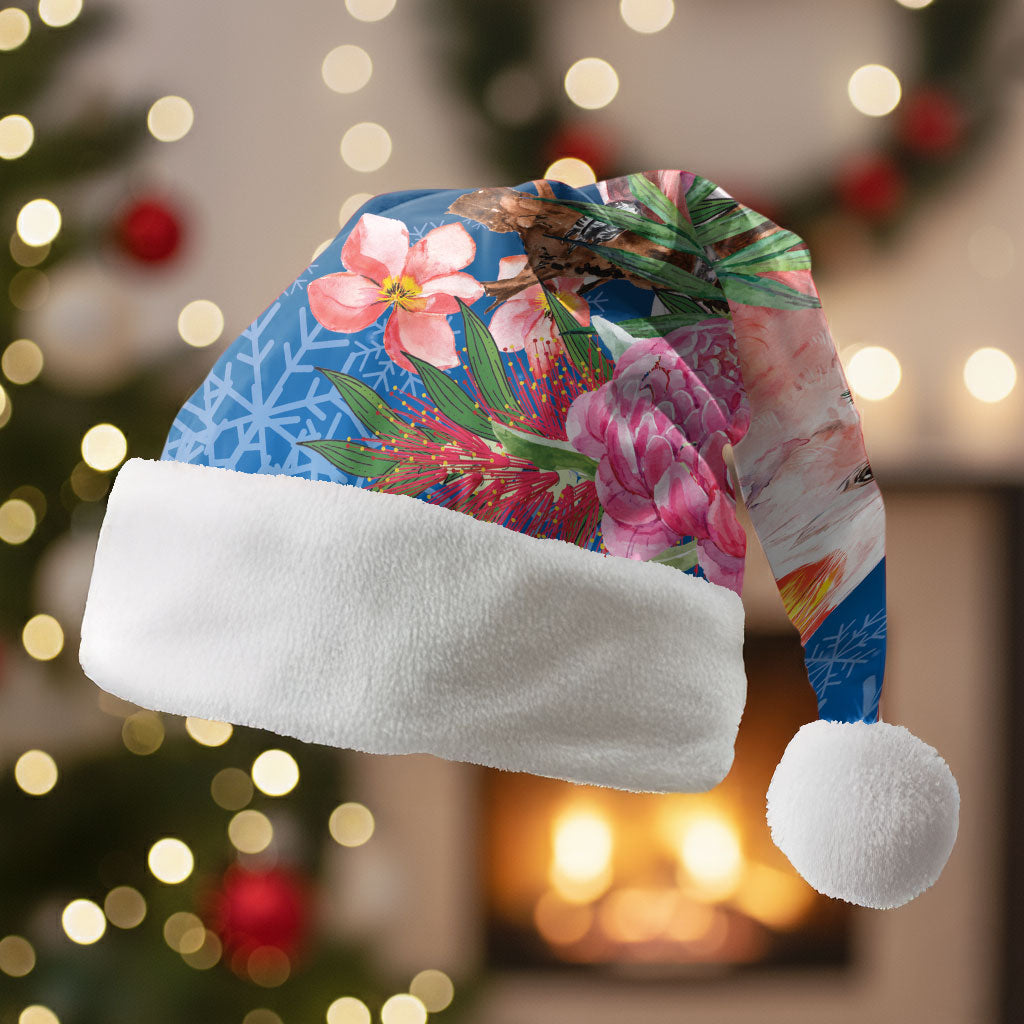 Australia Christmas Pink Cockatoo with Banksia Christmas Santa Hat Snowy Blue