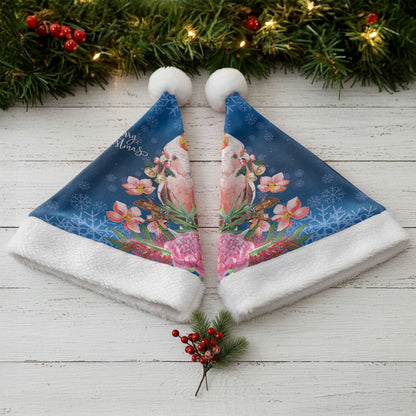 Australia Christmas Pink Cockatoo with Banksia Christmas Santa Hat Snowy Blue