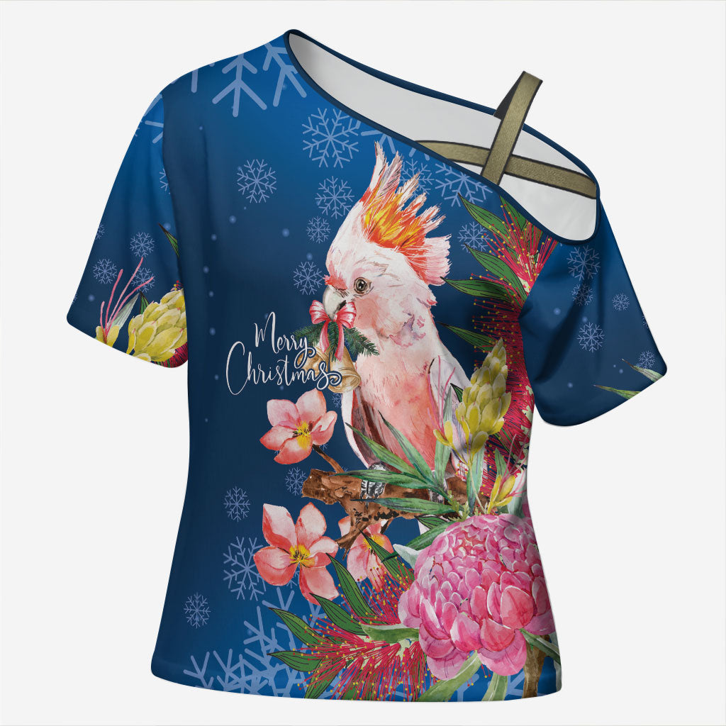 Australia Christmas Pink Cockatoo with Banksia Cross Shoulder Shirt Snowy Blue