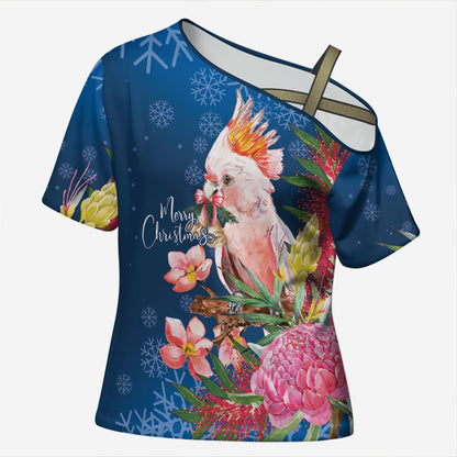 Australia Christmas Pink Cockatoo with Banksia Cross Shoulder Shirt Snowy Blue