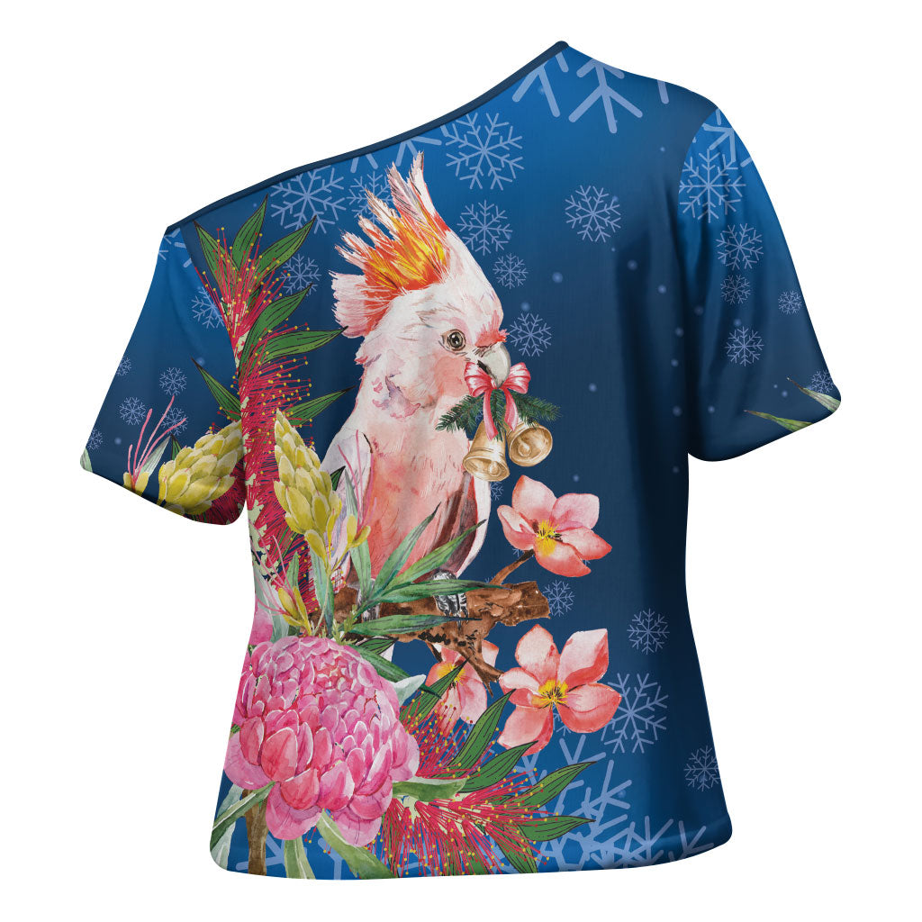 Australia Christmas Pink Cockatoo with Banksia Cross Shoulder Shirt Snowy Blue