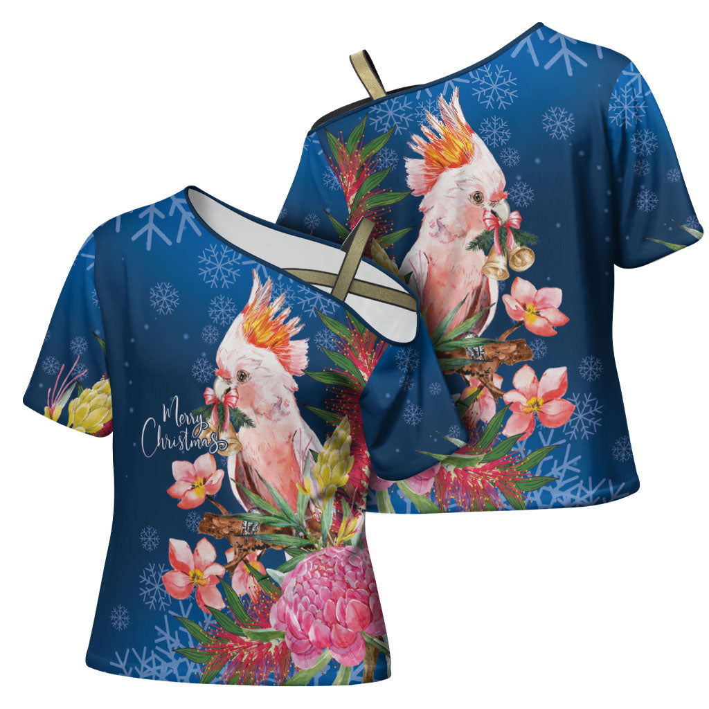 Australia Christmas Pink Cockatoo with Banksia Cross Shoulder Shirt Snowy Blue