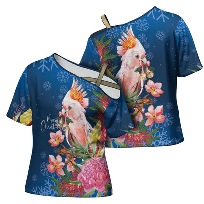 Australia Christmas Pink Cockatoo with Banksia Cross Shoulder Shirt Snowy Blue