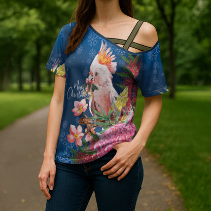Australia Christmas Pink Cockatoo with Banksia Cross Shoulder Shirt Snowy Blue